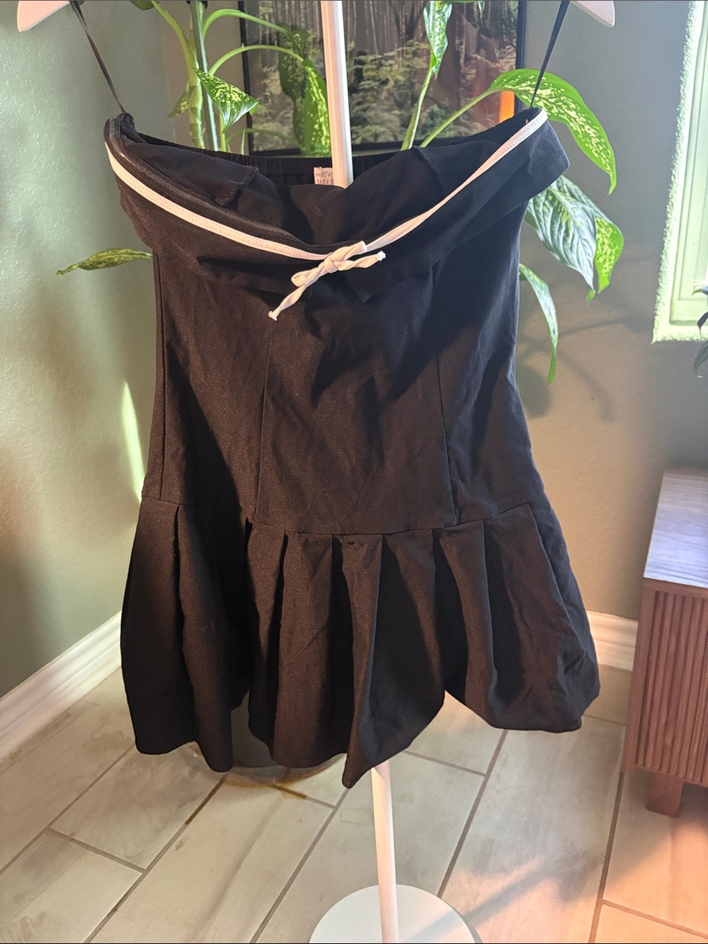 Black Strapless Peplum bubble Dress with White Tie Detail